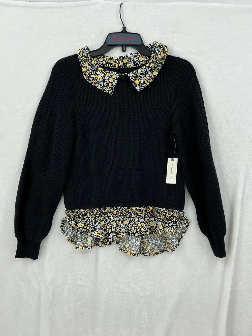 Anthropologie Black Sweater with Floral Collar and Hem Trim 1114 - Picture 2 of 6